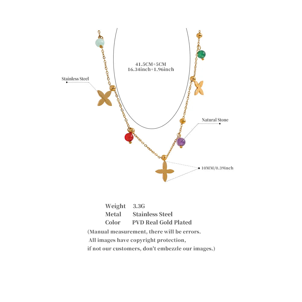 Colorful Waterproof Natural Stone Flower Drop Stainless Steel Chain Aesthetic Necklace Fashion Collar Jewelry for Women
