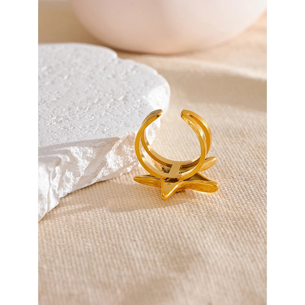 316L Stainless Steel Starfish Open Ring Adjustable 18K Gold PVD Plated Metal Summer Personalized Jewelry for Holiday
