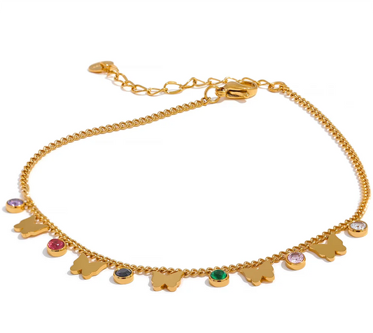 Exquisite Colorful Cubic Zirconia Butterfly Drop Chain Stainless Steel 18K Gold Color Anklet Bracelet Trendy Jewelry