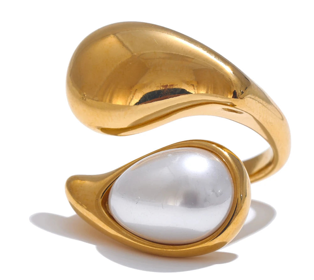 Fashion Imitation Pearl Water Drop Finger Adjustable Ring Women 316L Stainless Steel Elegant Gold Platinum Plated Jewelry