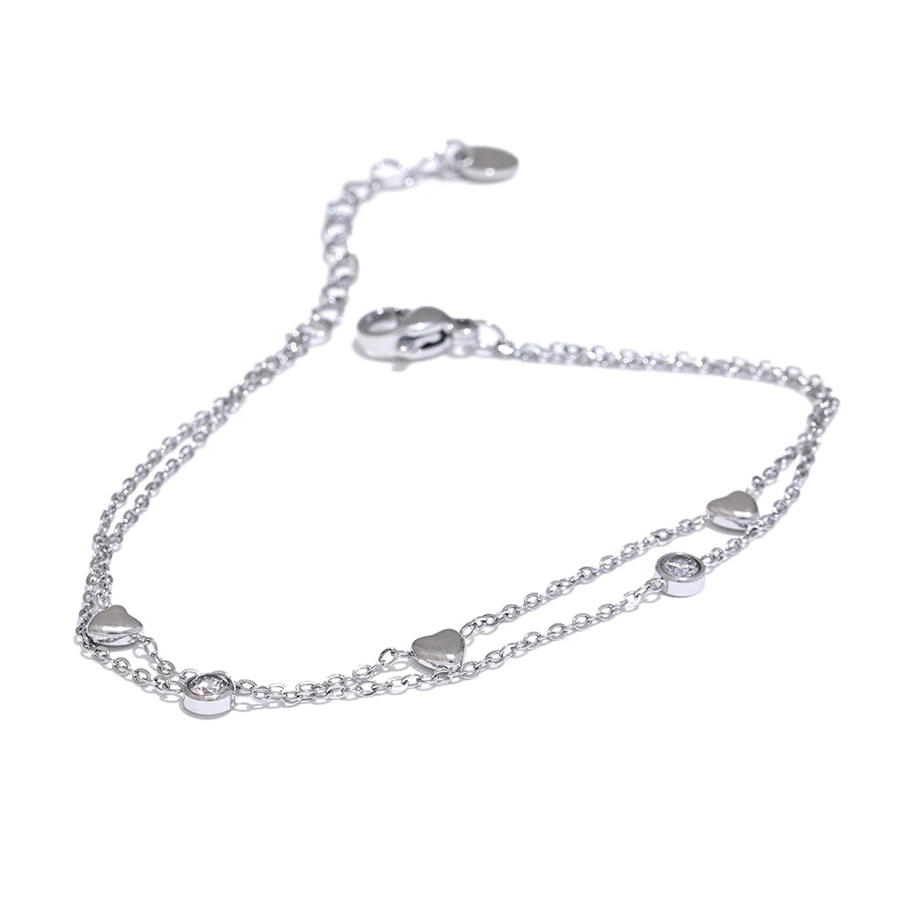 Delicate Chain Heart Zircon Double Layer Stacking Bracelet Bangle Chic Summer Stainless Steel Waterproof Jewelry Gift