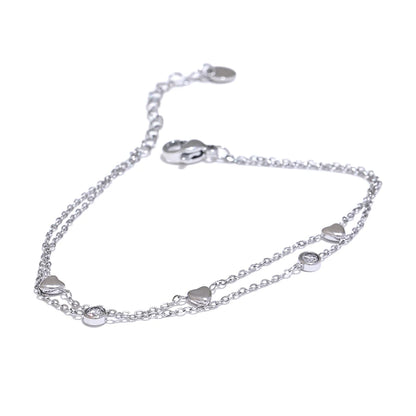 Delicate Chain Heart Zircon Double Layer Stacking Bracelet Bangle Chic Summer Stainless Steel Waterproof Jewelry Gift