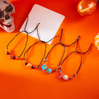 Fashion Halloween Handmade Braided Bracelet for Women Pumpkin Skeleton Skull Big Flower Beaded Bangles Festival Party Jewelry