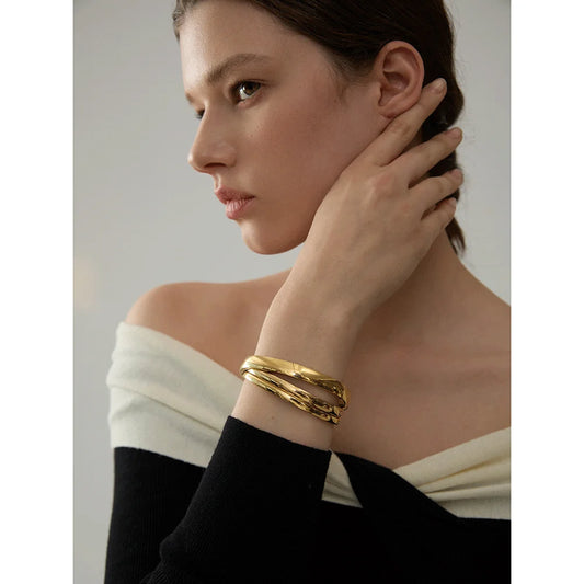 60mm Waterproof 316L Stainless Steel Round Smooth Bracelet Bangle Women Minimalist 18k Gold Color Texture Charm Jewelry