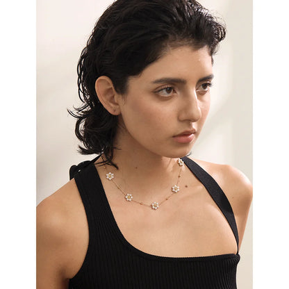 Fashion Imitation Pearls Handmade Flower Beads Chain Necklace Women 18K Gold Color PVD Stainless Steel Jewelry Waterproof