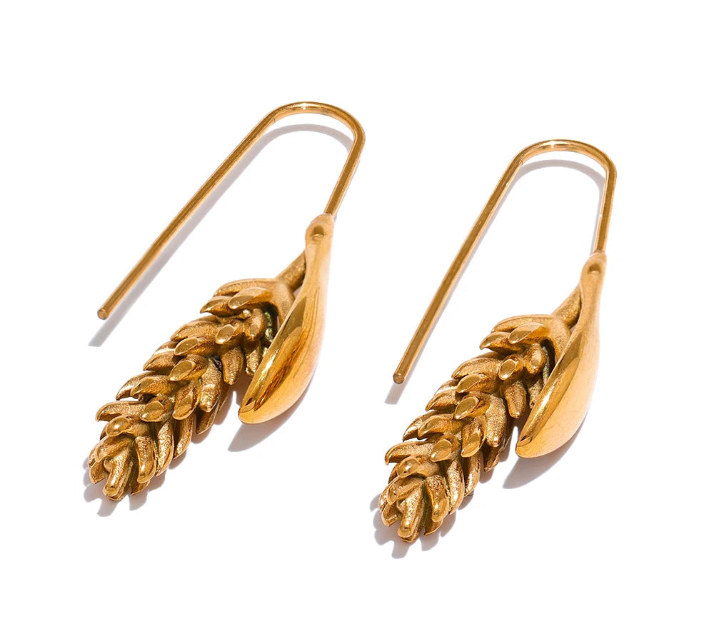 New 316L Stainless Steel Ear of Wheat Fashion Earrings 18K Gold Plated Water Resistant Personal Statement Jewelry Women
