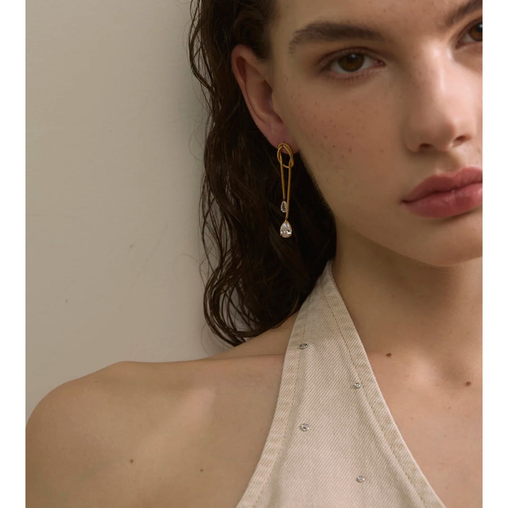 48mm Stainless Steel Geometric Tassel Chain Cubic Zirconia Drop Dangle Earrings for Women Delicate Fashion Jewelry Gift