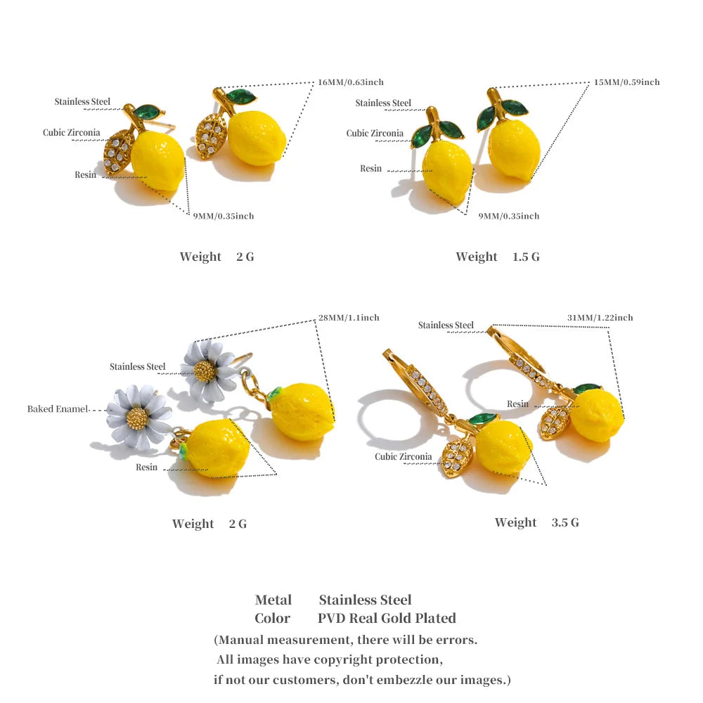 Fashion Yellow Resin Zirconia Fruit Lemon Dangle Earrings for Women Stainless Steel Arrivals Chic Jewelry Wholesale