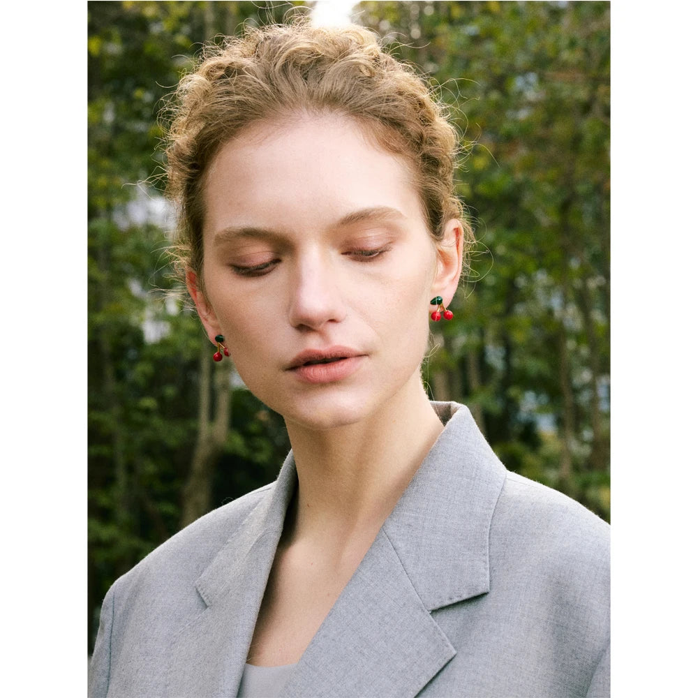 Hot Style Stainless Steel Enamel Cute Cherry Fashion Stud Earrings Gift Women Prevent Allergy Trending Exquisite Jewelry