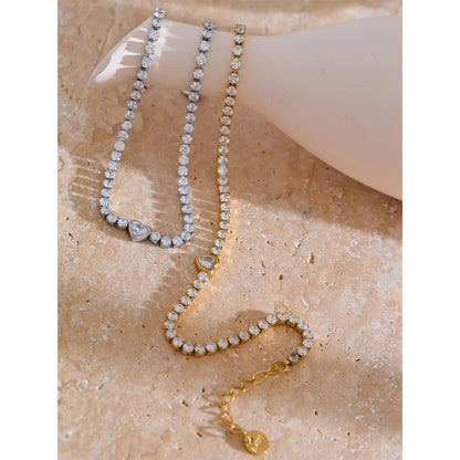 Delicate Bling Cubic Zirconia Heart Chain Bracelet Bangle Exquisite Stainless Steel Shiny Waterproof Wrist Jewelry Gift
