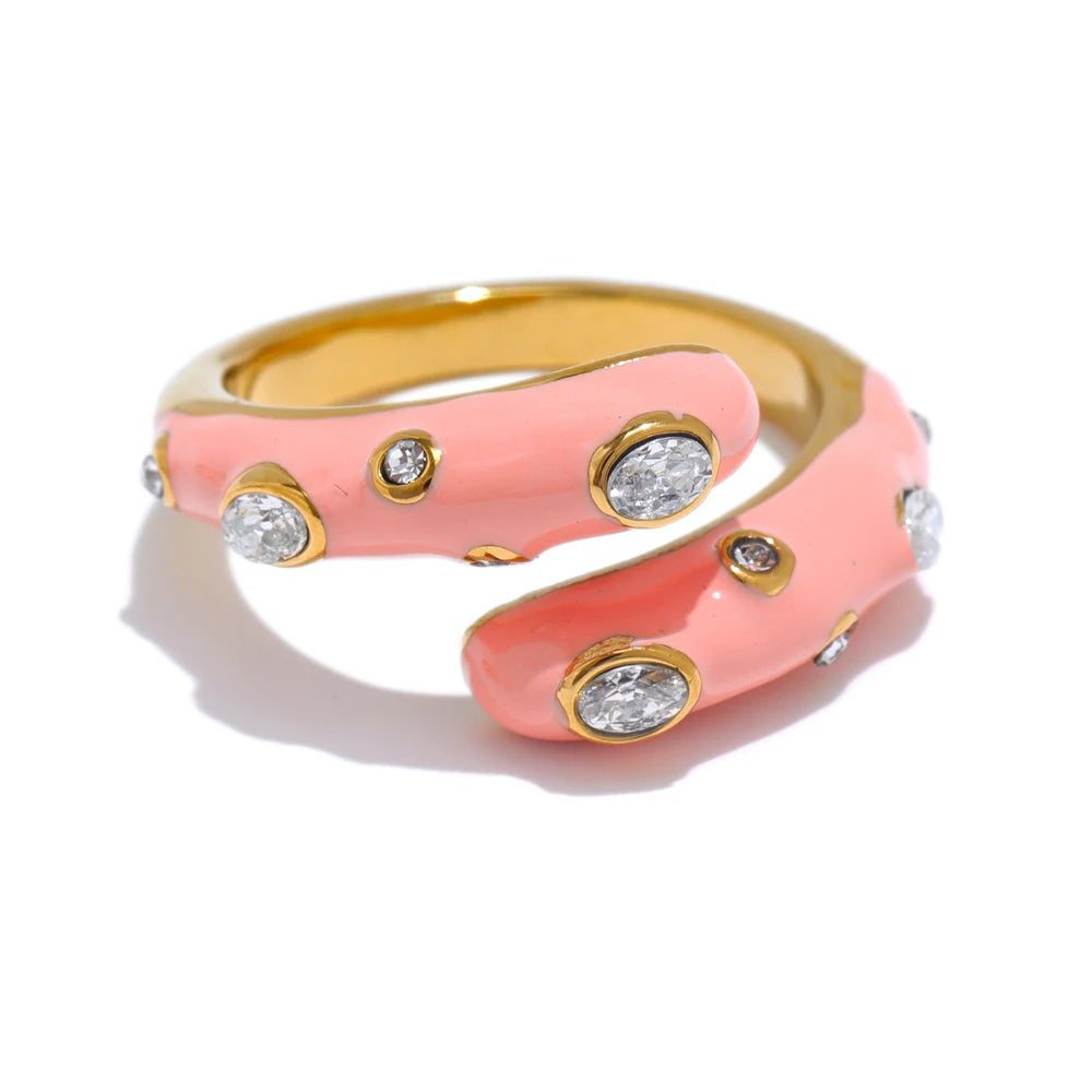 Adjustable Candy Y2K Blue White Black Pink Enamel Cubic Zirconia Exquisite Open Ring Golden Stainless Steel Jewelry Gift