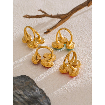 Natural Aventurine Agate Stone Shell Pearl Flower Adjustable Ring Fashion Stainless Steel Charm Finger Jewelry Accessories