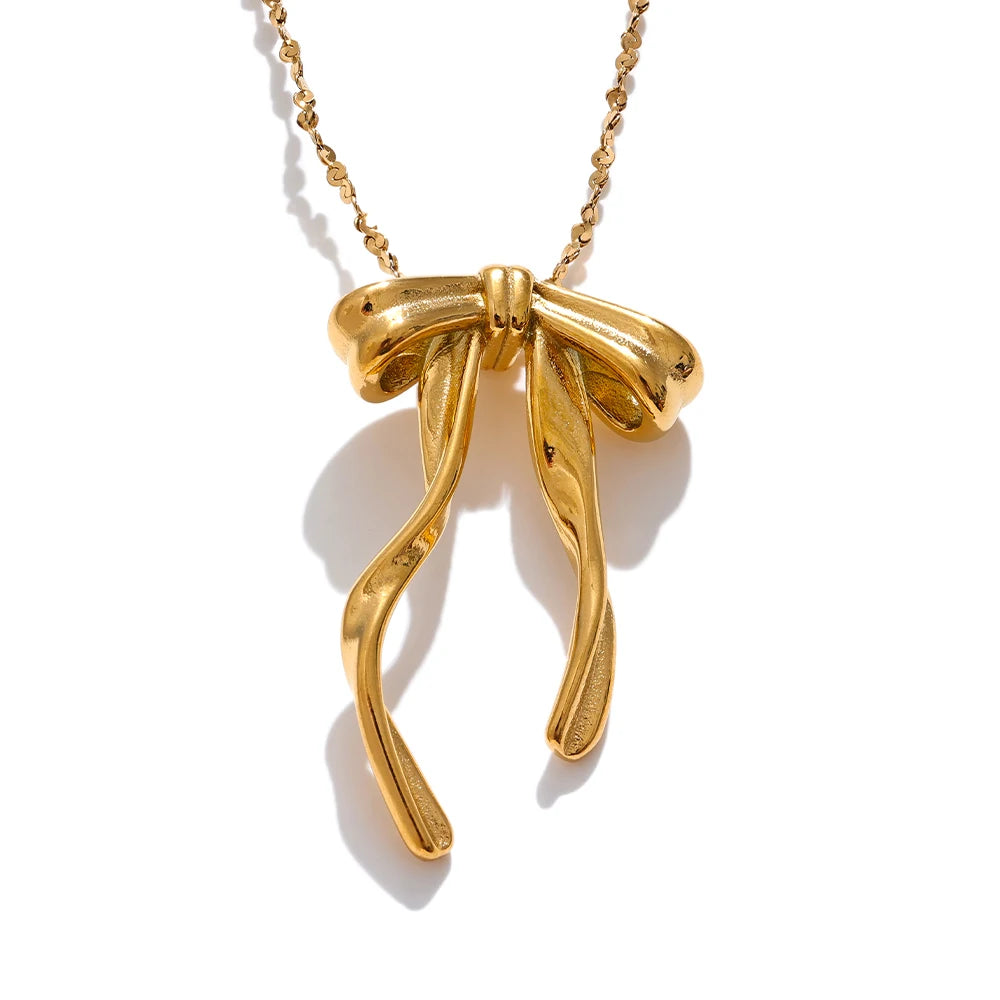 316L Stainless Steel Bow Knot Necklace Pendant 18K Gold & Platinum PVD Plated Metal Charm Fashion Trendy Jewelry