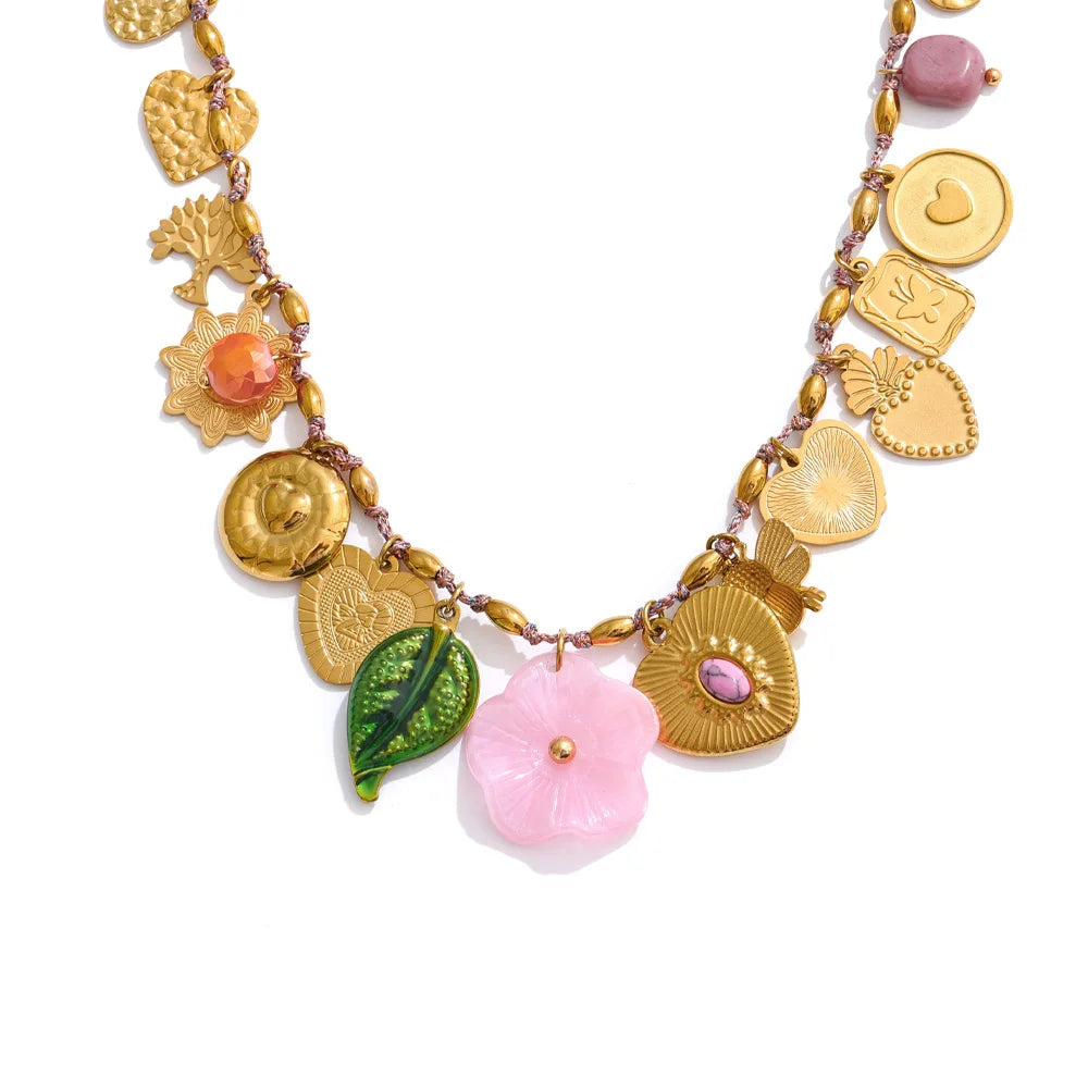 Exclusive Stainless Steel Metal Heart Resin Flower Pendant Drop Charms Necklace 2025 Golden PVD Popular Handmade Jewelry