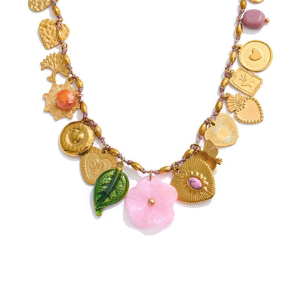 Exclusive Stainless Steel Metal Heart Resin Flower Pendant Drop Charms Necklace 2025 Golden PVD Popular Handmade Jewelry