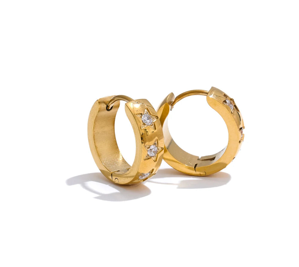 Size:16*16mm Zirconia Star Round Daily Hoop Earrings for Women Prevent Allergy Stainless Steel High Quality Chic Jewelry