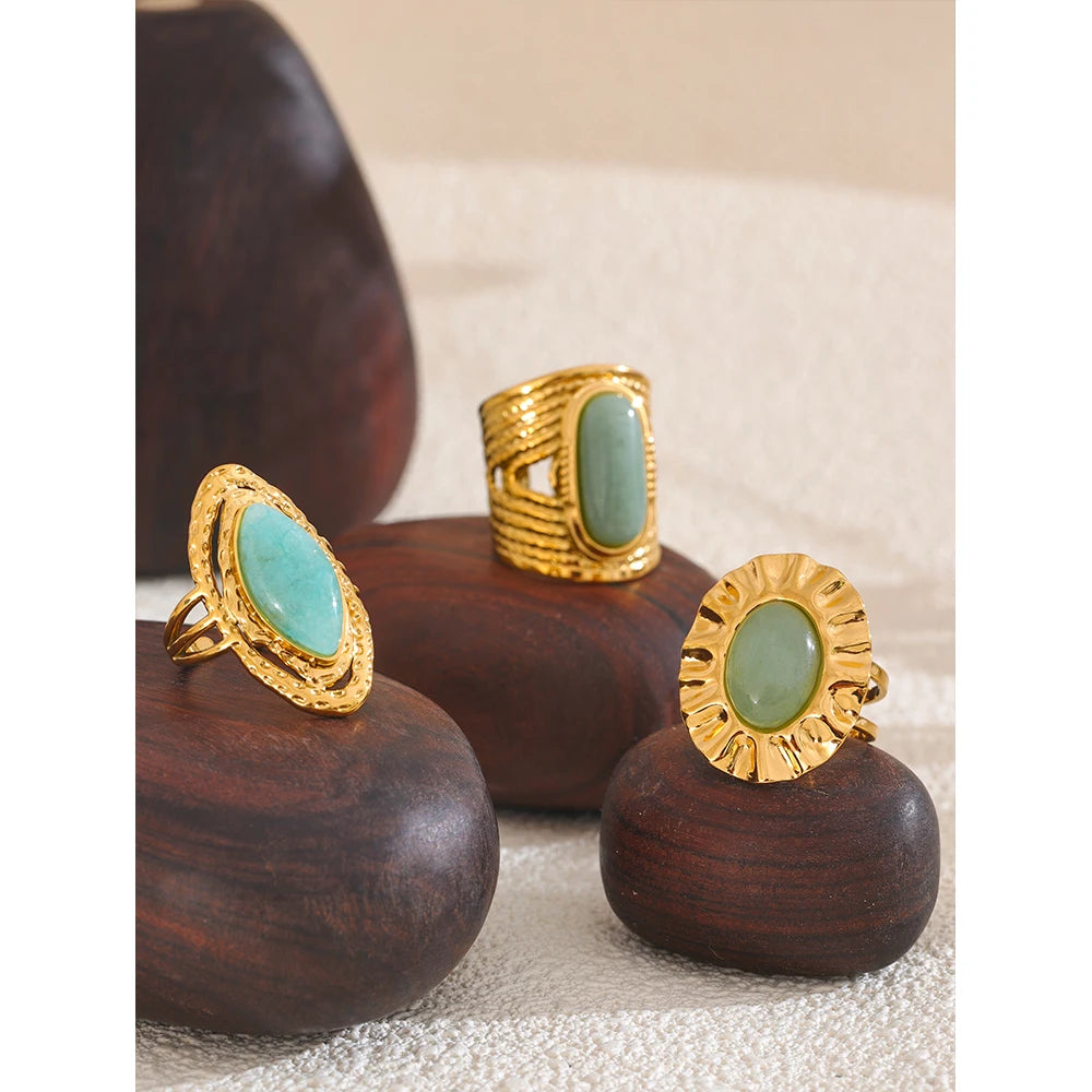 Green Natural Stone Fashion Open Ring Adjustable Stainless Steel Golden Geometric Daily Statement Jewelry Accessories Gift