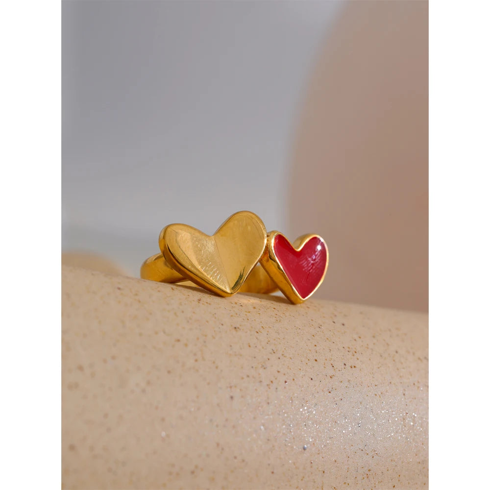 678# Stainless Steel Red Enamel Heart Stylish Ring 18K Gold Color Plated Romantic Valentine's Day Gift Smooth Jewelry