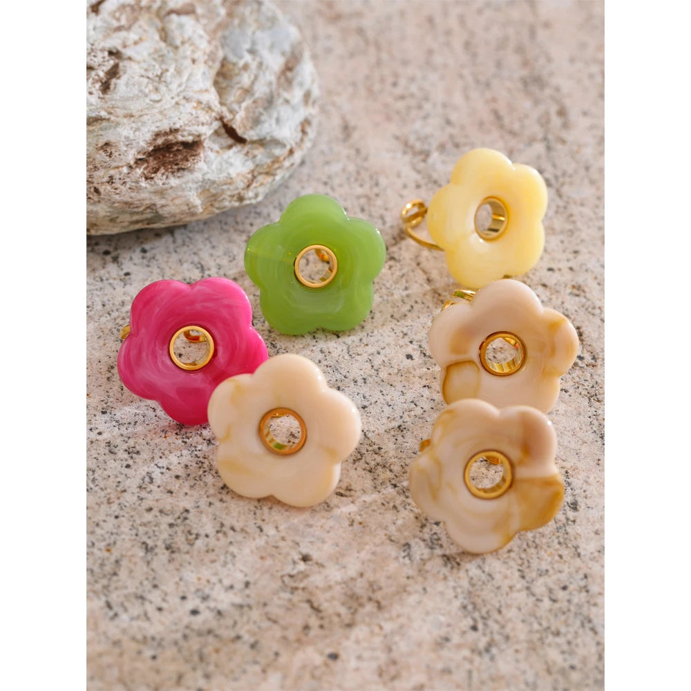 Pink Green Yellow Grey Thick Resin Flower Adjustable Ring 18K Golden Plated Stainless Steel Y2K Arrivals Popular Jewelry