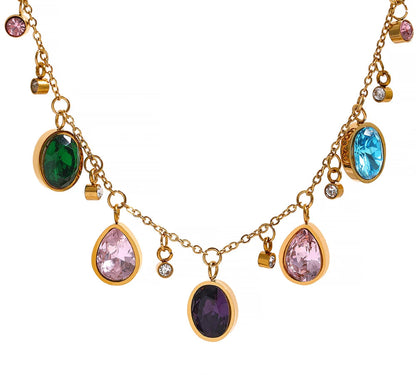 Delicate Elegant Colorful Cubic Zirconia Stainless Steel Luxury Necklace Bling 18k Gold Plated Waterproof Jewelry Party
