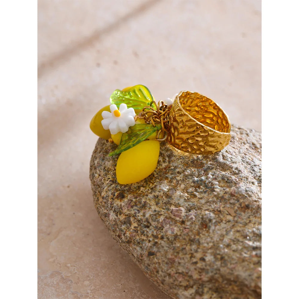 Exclusive Design Strawberry Cherry Chilli Shell Resin Drop Open Adjustable Ring 18K Golden Stainless Steel Charm Jewelry
