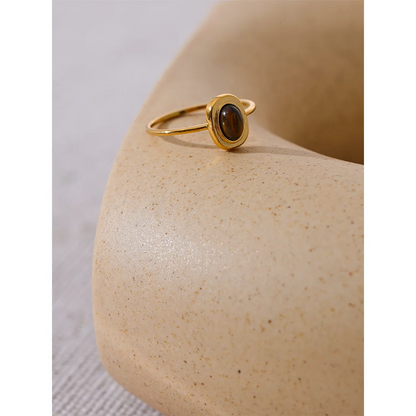 Fashion Natural Stone Stainless Steel Oval Thin Chic Ring Women 18K PVD Plated Waterproof Jewelry Accessories Gift