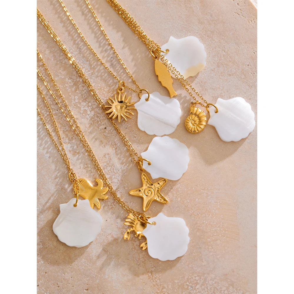 Summer Ocean Style Shell Starfish Conch Pendant Necklace 18K Gold Color Plated Waterproof Charm Jewelry Gift