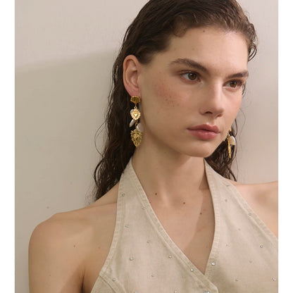 Baroque Imitation Pearls Heart Love Drop Dangle Manual Earrings Golden PVD Plated Stainless Steel Charm Statement Jewelry