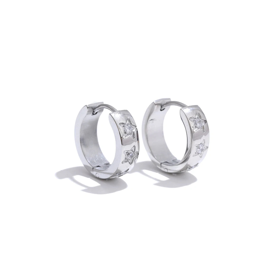 Size:16*16mm Zirconia Star Round Daily Hoop Earrings for Women Prevent Allergy Stainless Steel High Quality Chic Jewelry