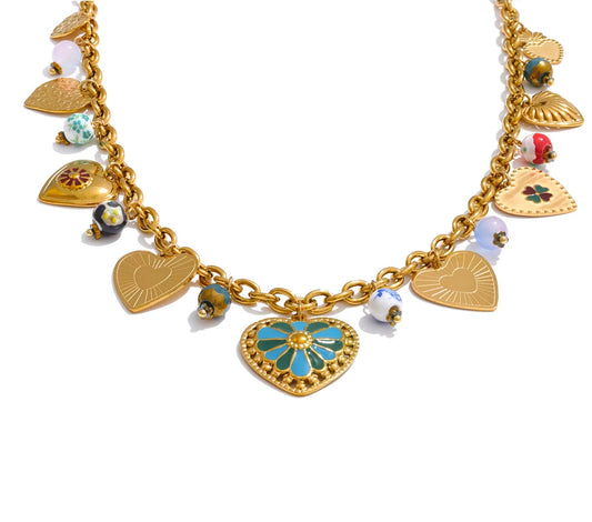 2025 Exquisite Stainless Steel Ceramic Beads Heart Love Drop Necklace High Quality Golden Charm Jewelry Recommend