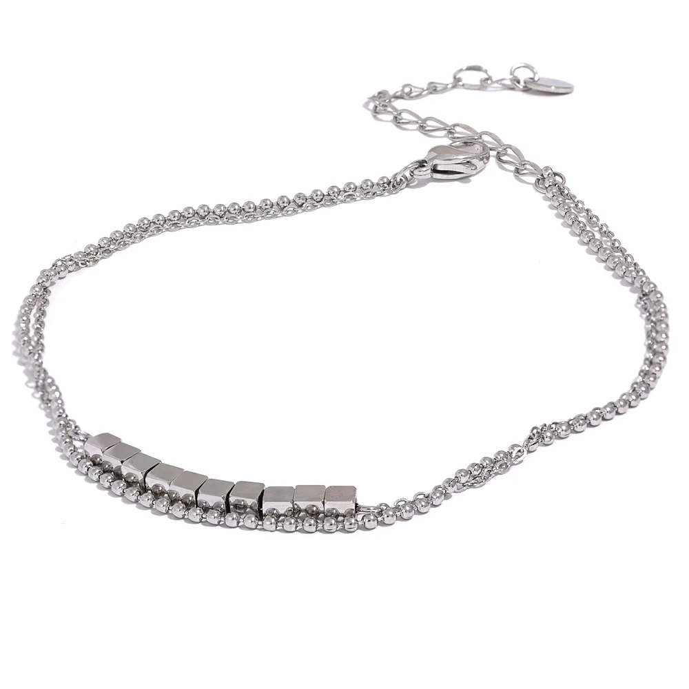 Waterproof Stainless Steel Square Bead Chain Layered Anklet for Women Gold Color Statement Summer Sandy Beach Jewelry