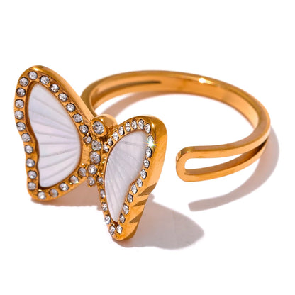 Exquisite Natural Shell CZ Stainless Steel Butterfly Ring Inlaid Cubic Zirconia Gold Color Fashion Jewelry Accessories
