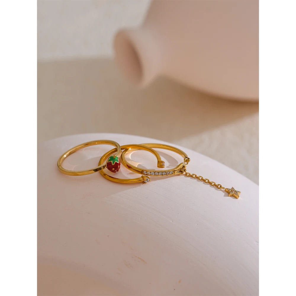 Delicate Stainless Steel Strawberry Geometric Adjustable Open Thin Ring Trendy Fashion Jewelry Water Resistant
