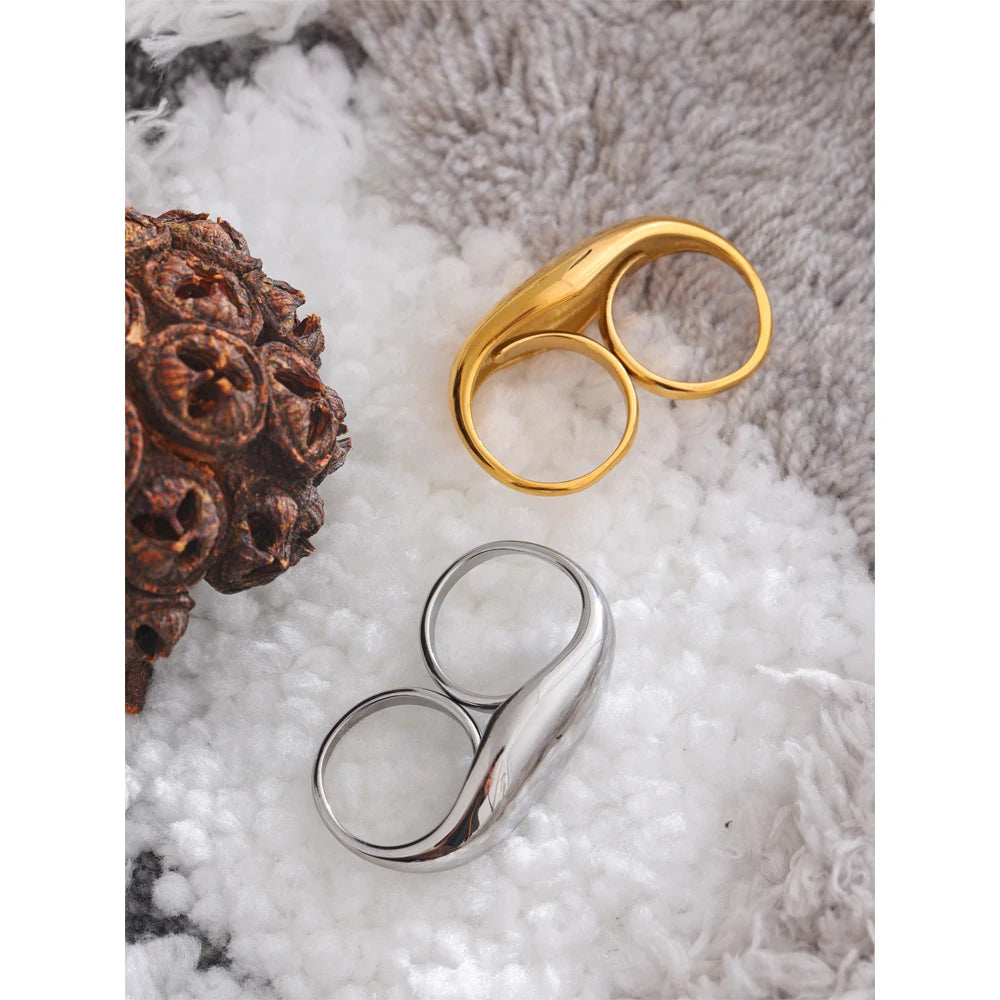 Stainless Steel Metal Double Finger Geometric Ring Personality Rust Proof Attractive Big Exaggerated Jewelry Gift