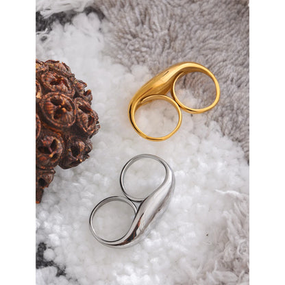 Stainless Steel Metal Double Finger Geometric Ring Personality Rust Proof Attractive Big Exaggerated Jewelry Gift