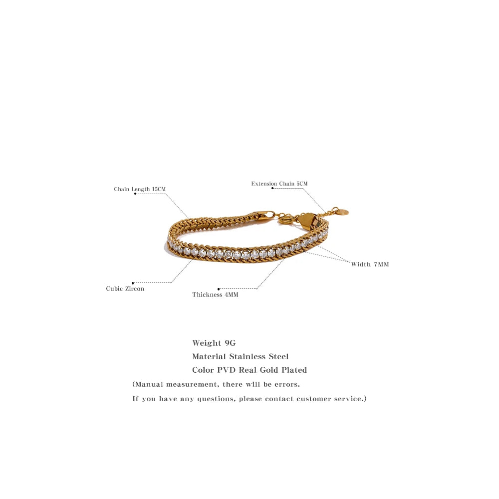 Shiny Cubic Zirconia Stainless Steel Chain Gold Color PVD Plated Bracelet Bangle for Women High Quality Jewelry Waterproof