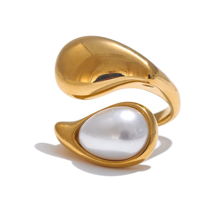 Fashion Imitation Pearl Water Drop Finger Adjustable Ring Women 316L Stainless Steel Elegant Gold Platinum Plated Jewelry