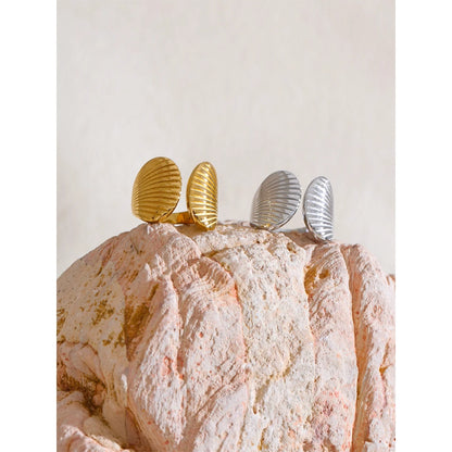 High Quality Stainless Steel Metal Shell Stripe Geometric Open Adjustable Ring Texture Fashion Summer Holiday Jewelry