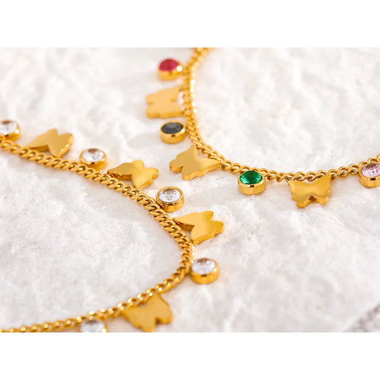 Exquisite Colorful Cubic Zirconia Butterfly Drop Chain Stainless Steel 18K Gold Color Anklet Bracelet Trendy Jewelry