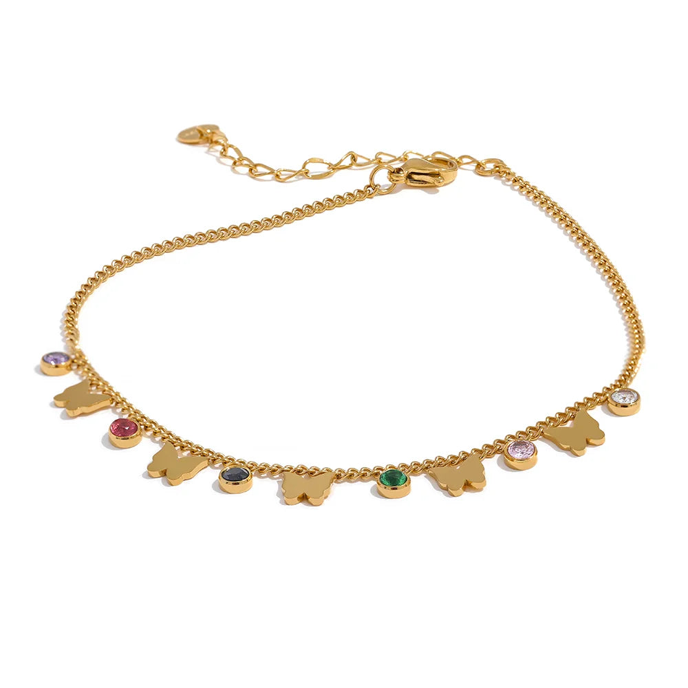 Exquisite Colorful Cubic Zirconia Butterfly Drop Chain Stainless Steel 18K Gold Color Anklet Bracelet Trendy Jewelry