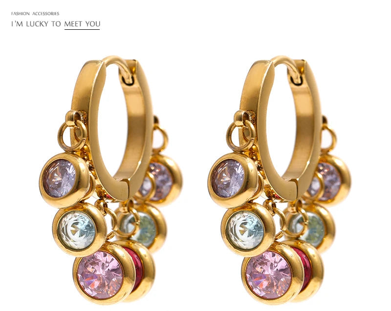 Stainless Steel Colorful Cubic Zirconia Hoop Earrings for Women Exquisite Fashion Metal Texture Geometric Earrings Gift