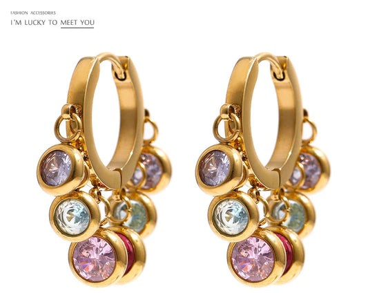 Stainless Steel Colorful Cubic Zirconia Hoop Earrings for Women Exquisite Fashion Metal Texture Geometric Earrings Gift