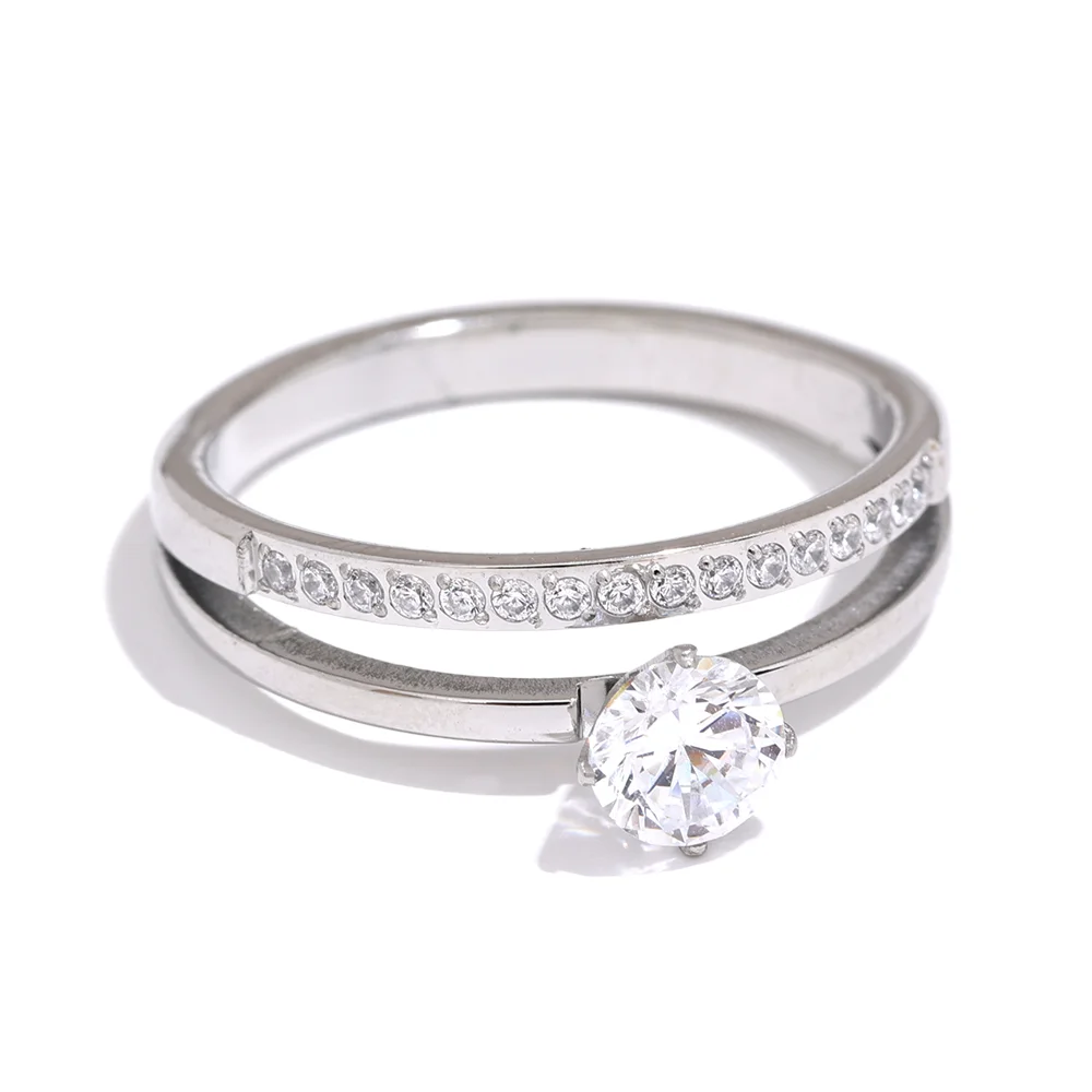 Delicate Shiny Cubic Zirconia Stainless Steel Double Layer Classic Ring High Quality Women Gift Exquisite Romantic Jewelry