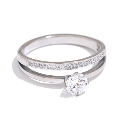 Delicate Shiny Cubic Zirconia Stainless Steel Double Layer Classic Ring High Quality Women Gift Exquisite Romantic Jewelry