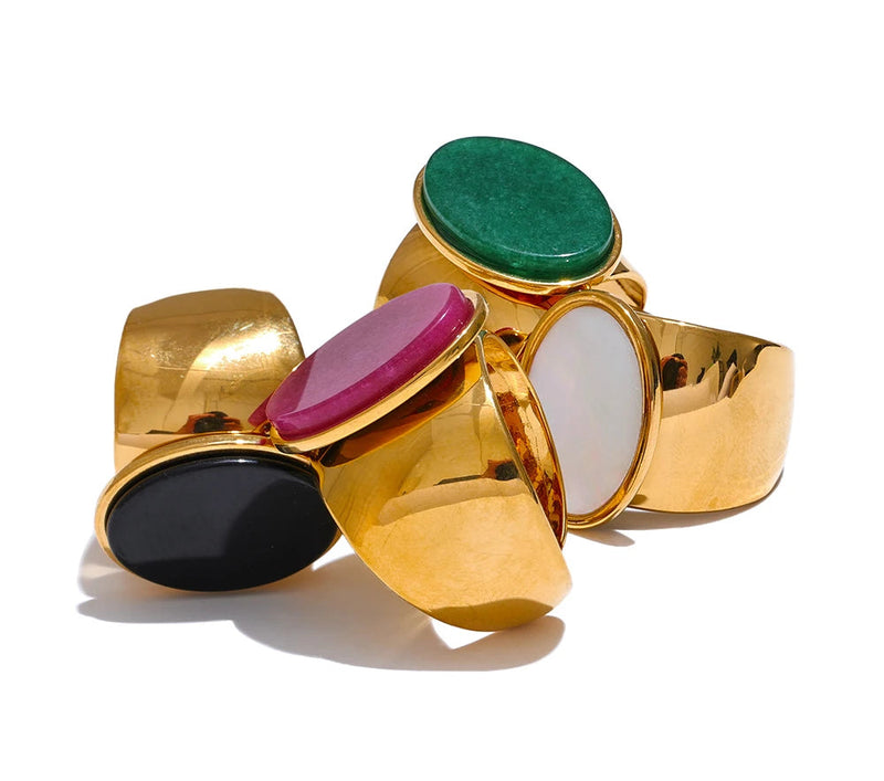 PVD Plated Stone Stainless Steel Gold Color Wide Ring Summer Trendy Fashion Jewelry Accessories Bijoux