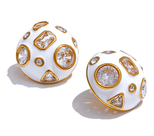 Stainless Steel White Enamel inlaid Cubic Zirconia Charm Stud Earrings for Women Fashion Waterproof Jewelry