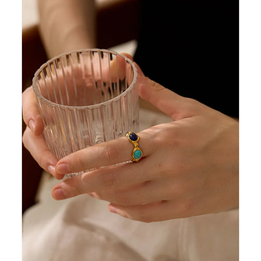 Stainless Steel Colorful Natural Stone Agate Cast Vintage Charm Ring Fashion 316l Jewelry for Women Textured Gift