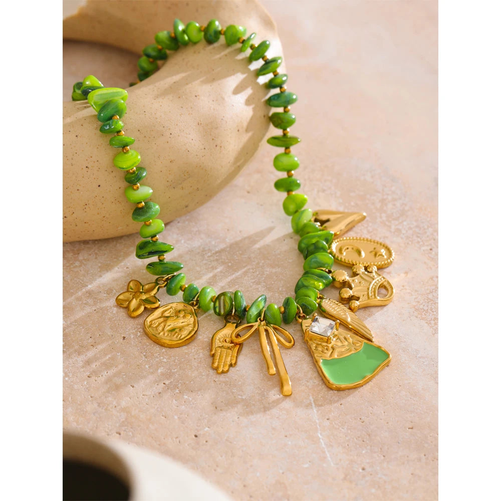 New Handmade Jewelry Green Shell Chain Flower Love Drop Necklace Spring Summer Fashion Collar Jewelry Gift