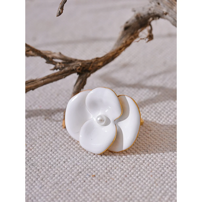 Exquisite White Enamel Flower Fashion Chic Adjustable Ring for Women Stainless Steel Waterproof Temperament Jewelry Gift