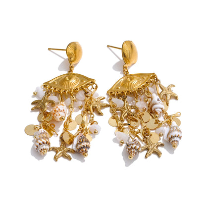 Ocean Style Shell Conch Starfish Dangle Earrings Stainless Steel Summer Golden Holiday Jewelry Accessories